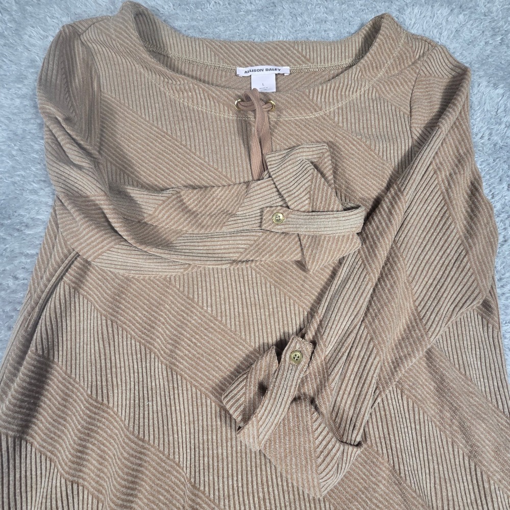 Allison Daley Tunic Top Womens L Tan Excellent Ribbed Lace Up Roll Tab Casual
